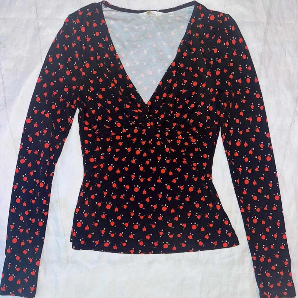 NWOT Women’s Size 4 Boden Ponte Twist Front Floral V Neck LS Top Shirt Blouse